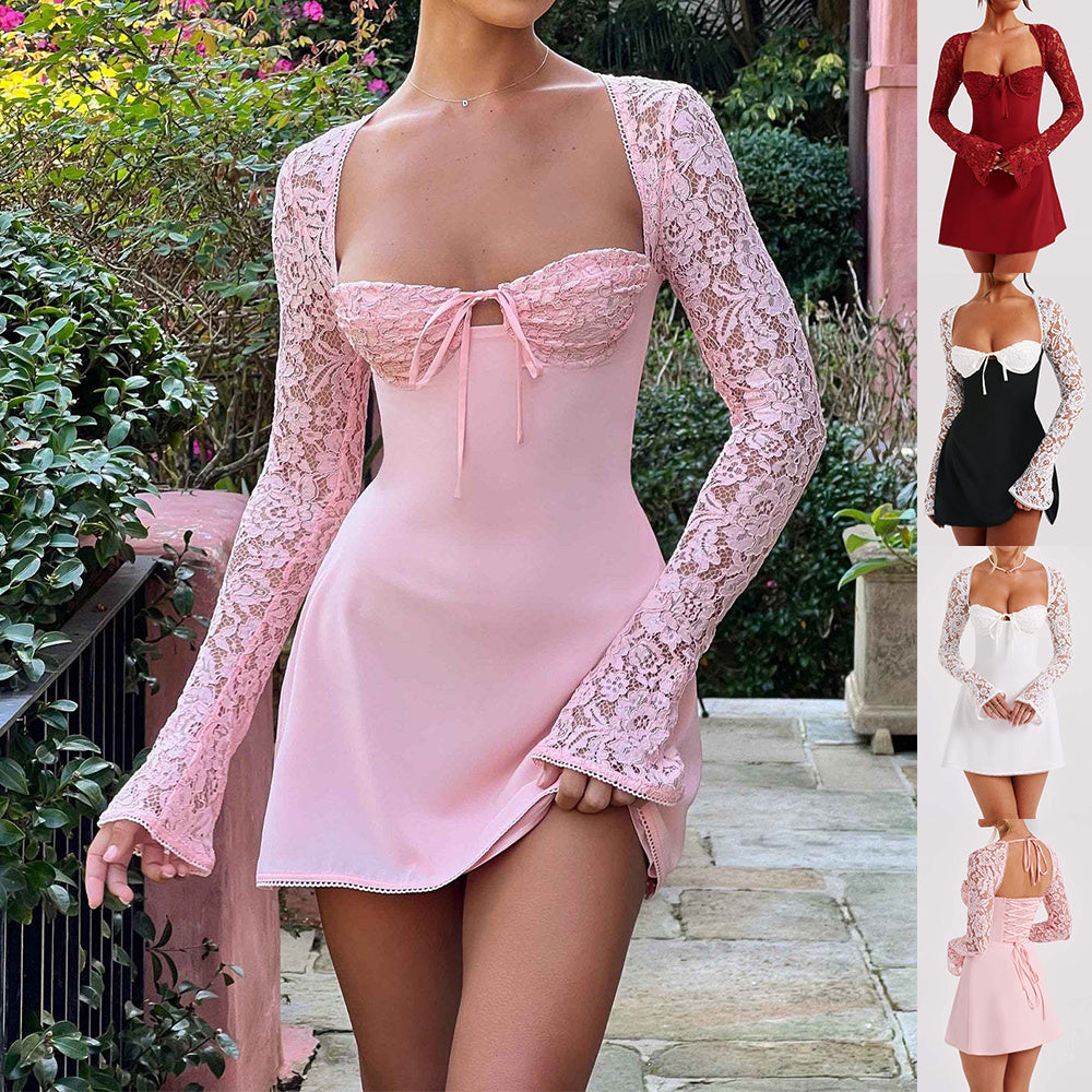 Corset Lace Y2K Dress – Backless Long Sleeve Short Dress for Women