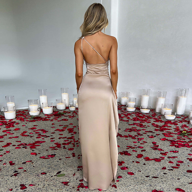 Sexy One-Shoulder Backless Slit Dress – Elegant Slim-Fit Satin Summer Dress for Women