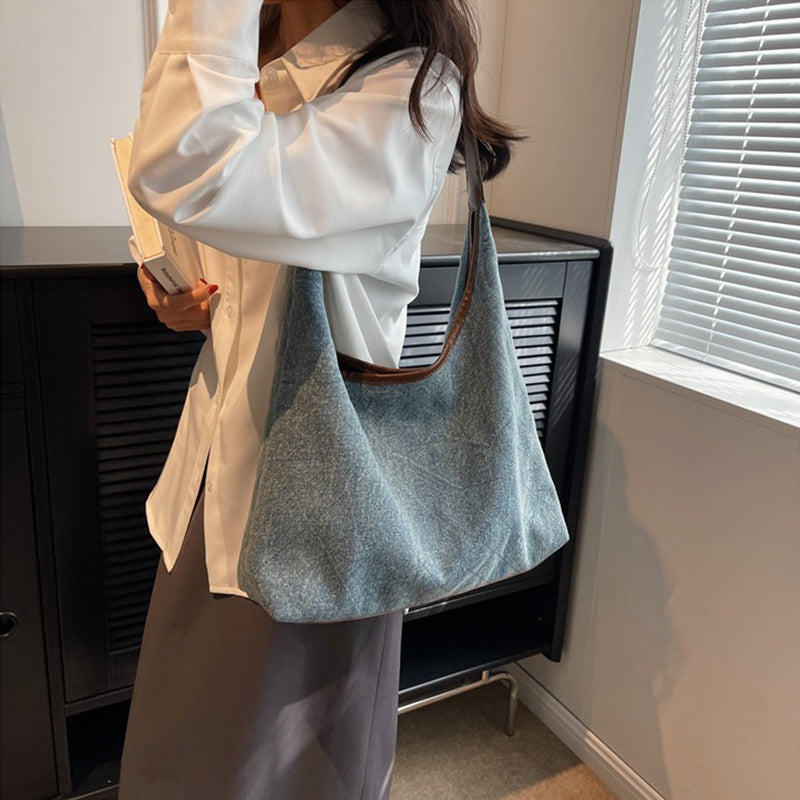 Oversized Denim Bucket Bag - Large Capacity Canvas Tote for Women