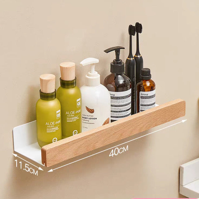 Solid Wood Bathroom Shelf - Non-Drilling Wall Mount (Black/White)