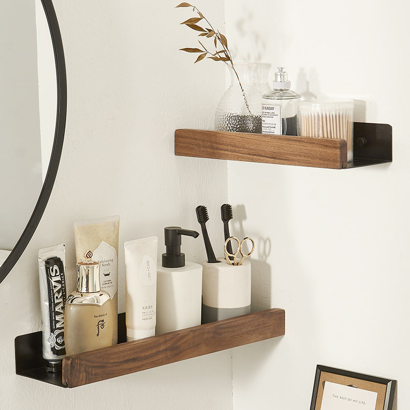 Solid Wood Bathroom Shelf - Non-Drilling Wall Mount (Black/White)