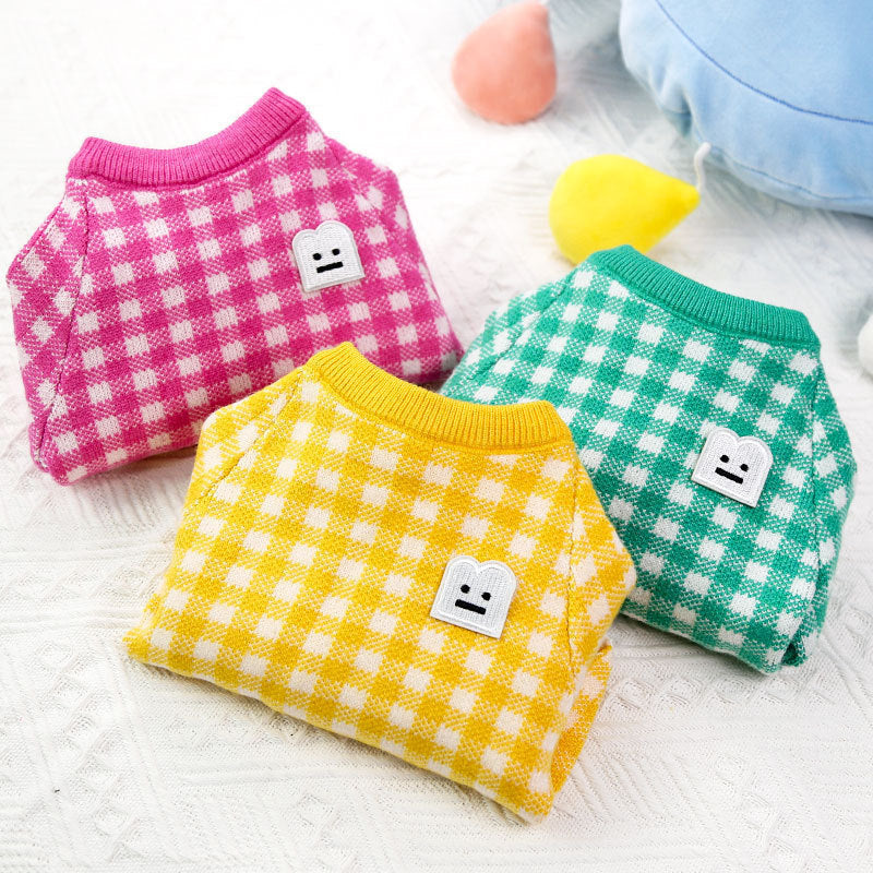 Dog Wool Sweater – British-Style Smiley Grid Pullover (3 Colors)