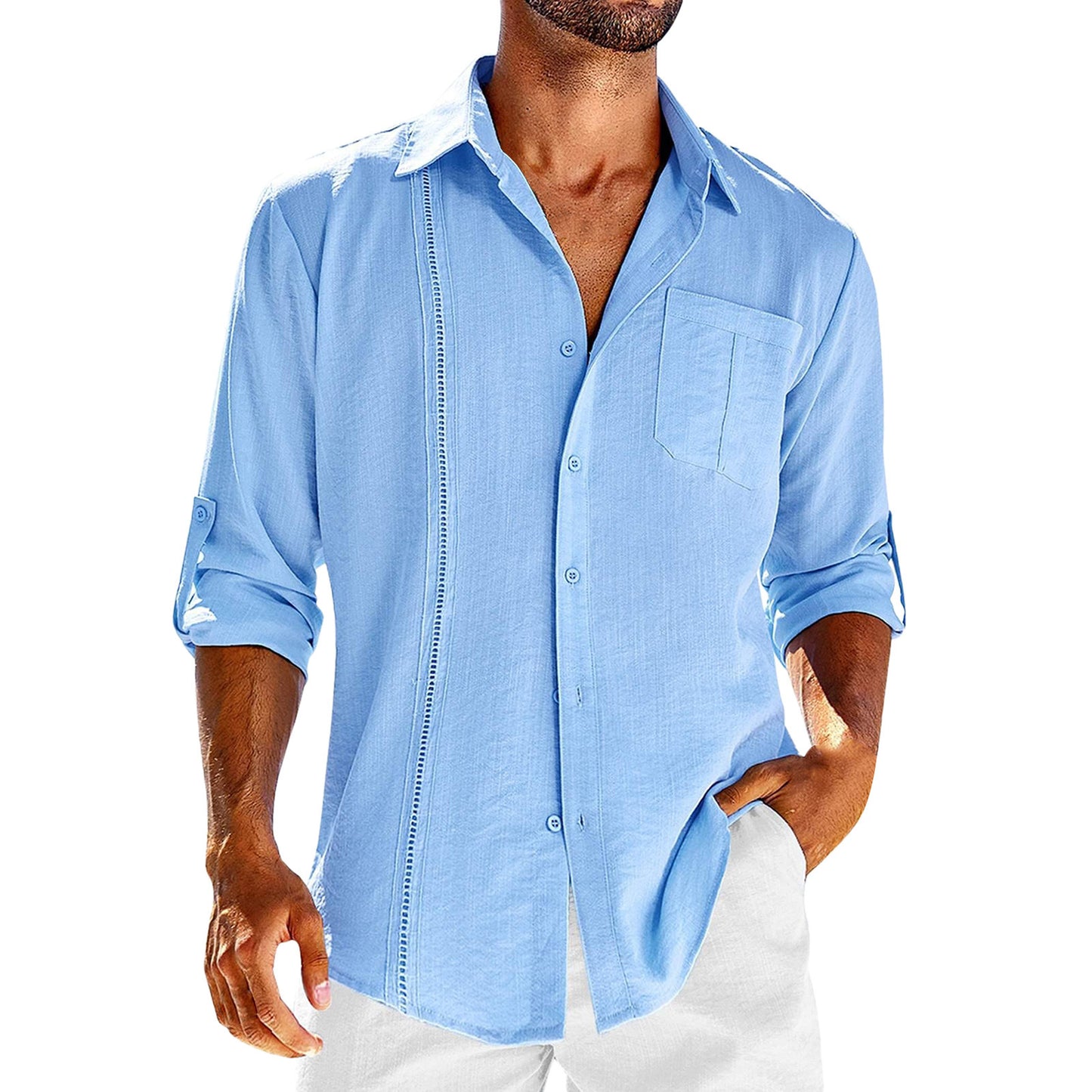Men’s Casual Long Sleeve Shirt – Solid Color Button-Up with Polo Collar & Chest Pocket