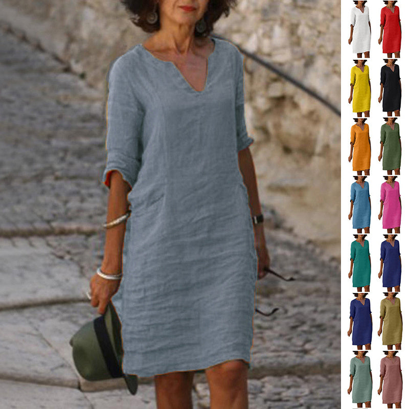 Mini-robe à manches et col en V pour femme