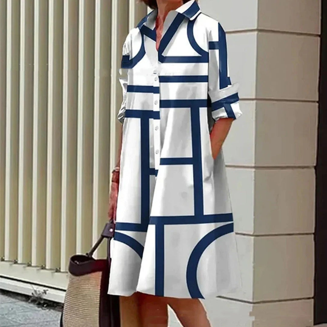 Women's Geometric Dress - Chic Button-Down Style
