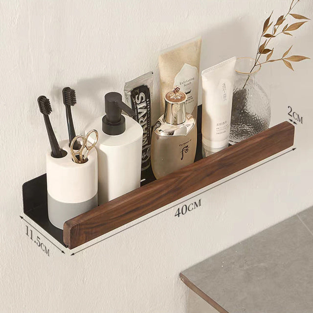 Solid Wood Bathroom Shelf - Non-Drilling Wall Mount (Black/White)