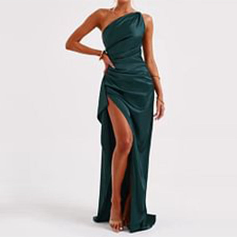 Sexy One-Shoulder Backless Slit Dress – Elegant Slim-Fit Satin Summer Dress for Women