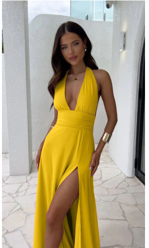 Halter V-Neck Backless Slit Dress – Sexy Summer Strappy Dress for Women