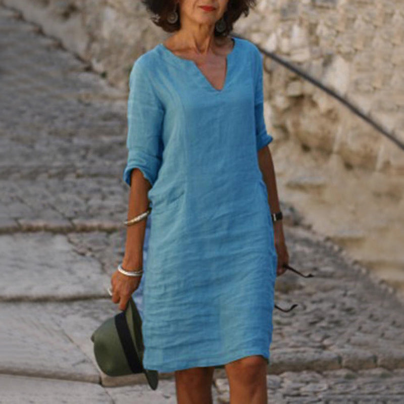 Mini-robe à manches et col en V pour femme