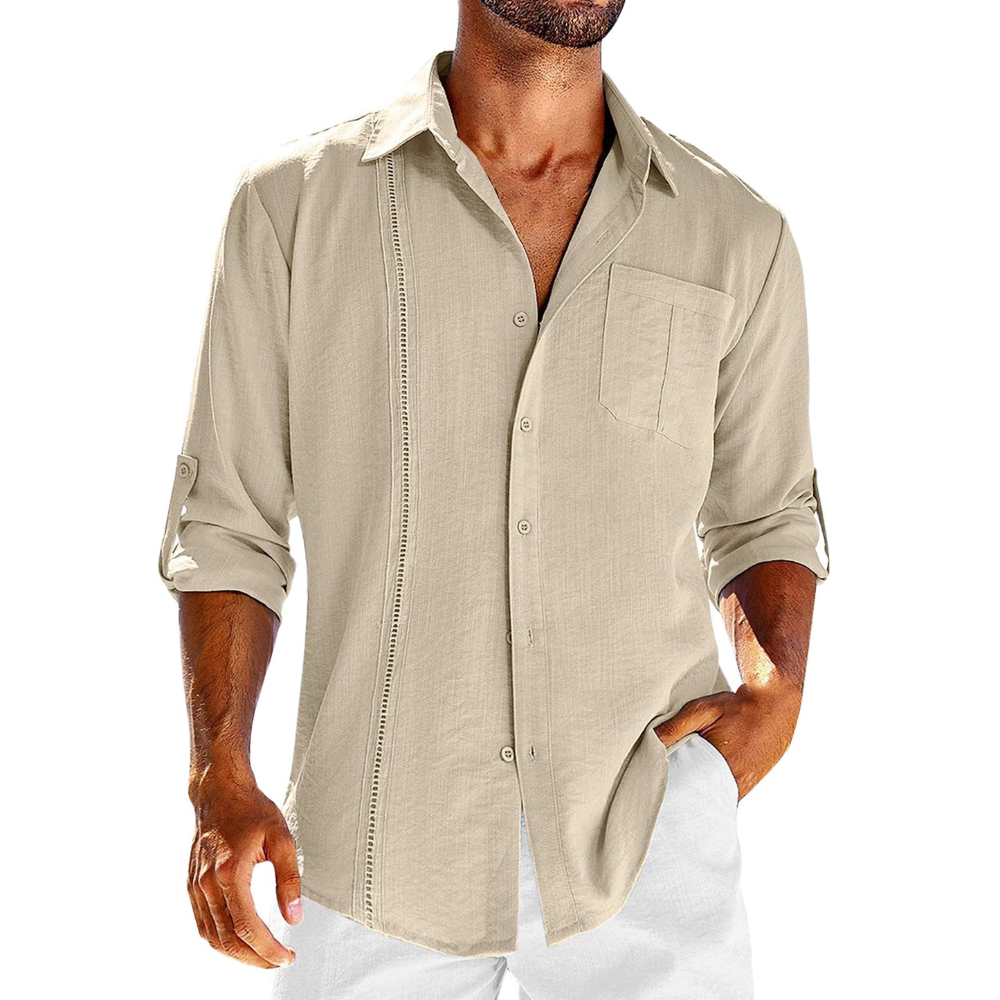 Men’s Casual Long Sleeve Shirt – Solid Color Button-Up with Polo Collar & Chest Pocket