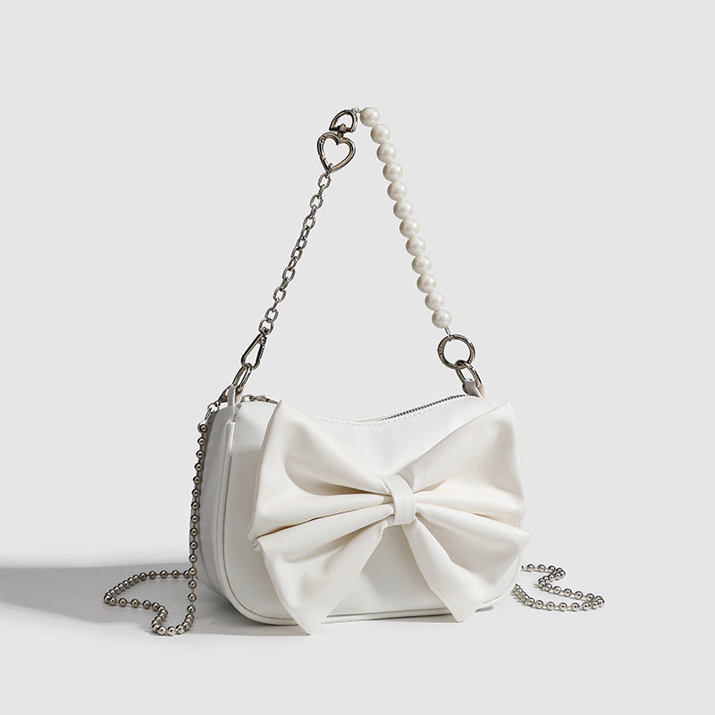 Elegant Bow Handbag – Small PU Purse with Pearl Strap (Black/White)